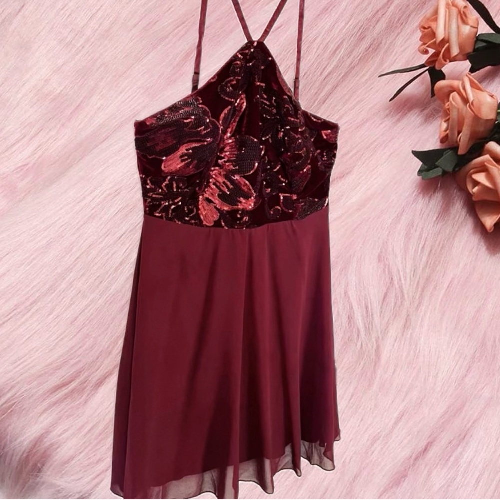 Lulu's Plum Sequin Halter Babydoll Dress